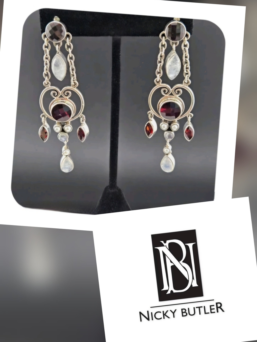 Nicky Butler Garnet & Moonstone 925 Sterling Silver Earrings Designer NB 3"